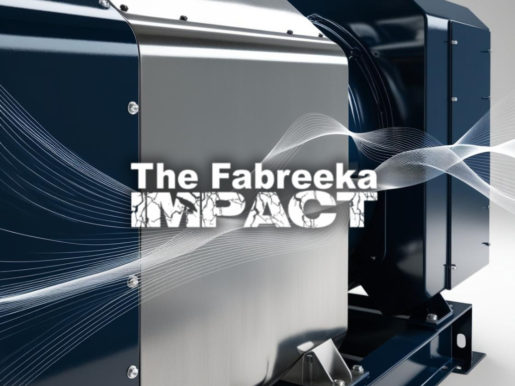 A blue and white machine with white vibration waves in front. The Fabreeka Impact logo is in the foreground.